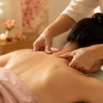 Two hands working on the upper back and shoulders during a Tui Na session in a warm-lit treatment room