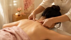 Two hands working on the upper back and shoulders during a Tui Na session in a warm-lit treatment room
