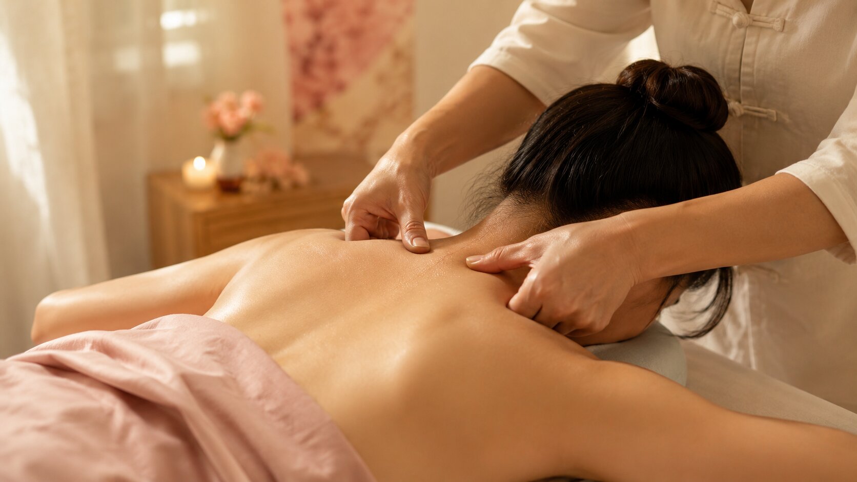 Two hands working on the upper back and shoulders during a Tui Na session in a warm-lit treatment room