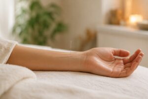 extended arm resting on a bed with an accupncture needle set on above the wrist