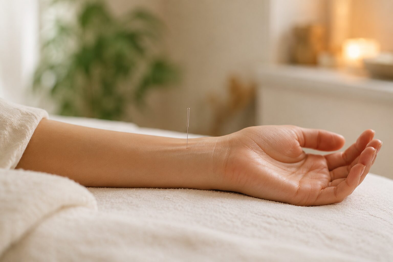 extended arm resting on a bed with an accupncture needle set on above the wrist