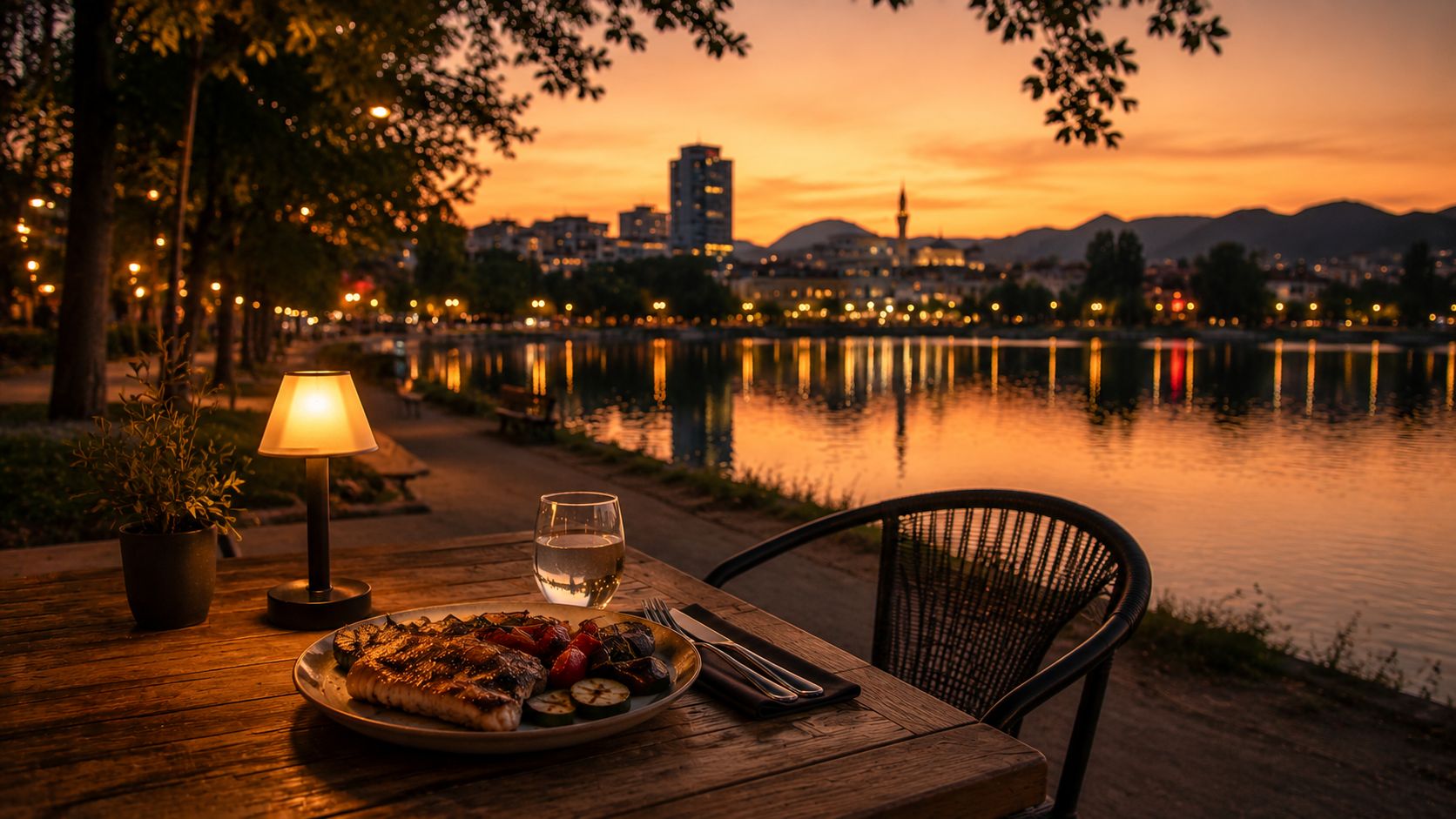 A quiet outdoor table at Zgara Korçare on the edge of Liqeni Artificial in Tirana at dusk, warm amber light, simple grilled meal