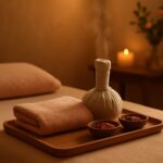 Therapist applying a warm mud moxibustion pack to a client's lower abdomen in an amber-lit treatment room
