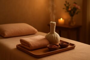 Therapist applying a warm mud moxibustion pack to a client's lower abdomen in an amber-lit treatment room