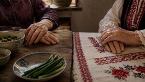 Two pairs of elderly women's hands, one on a wooden Chinese kitchen table, the other on an Albanian embroidered cloth, in warm light