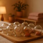 Glass cupping cups arranged on a wooden tray in an amber-lit treatment room