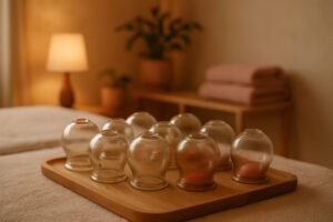 Glass cupping cups arranged on a wooden tray in an amber-lit treatment room