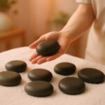 Dark basalt volcanic stones on a white towel, one resting in a therapist's palm in a softly lit treatment room