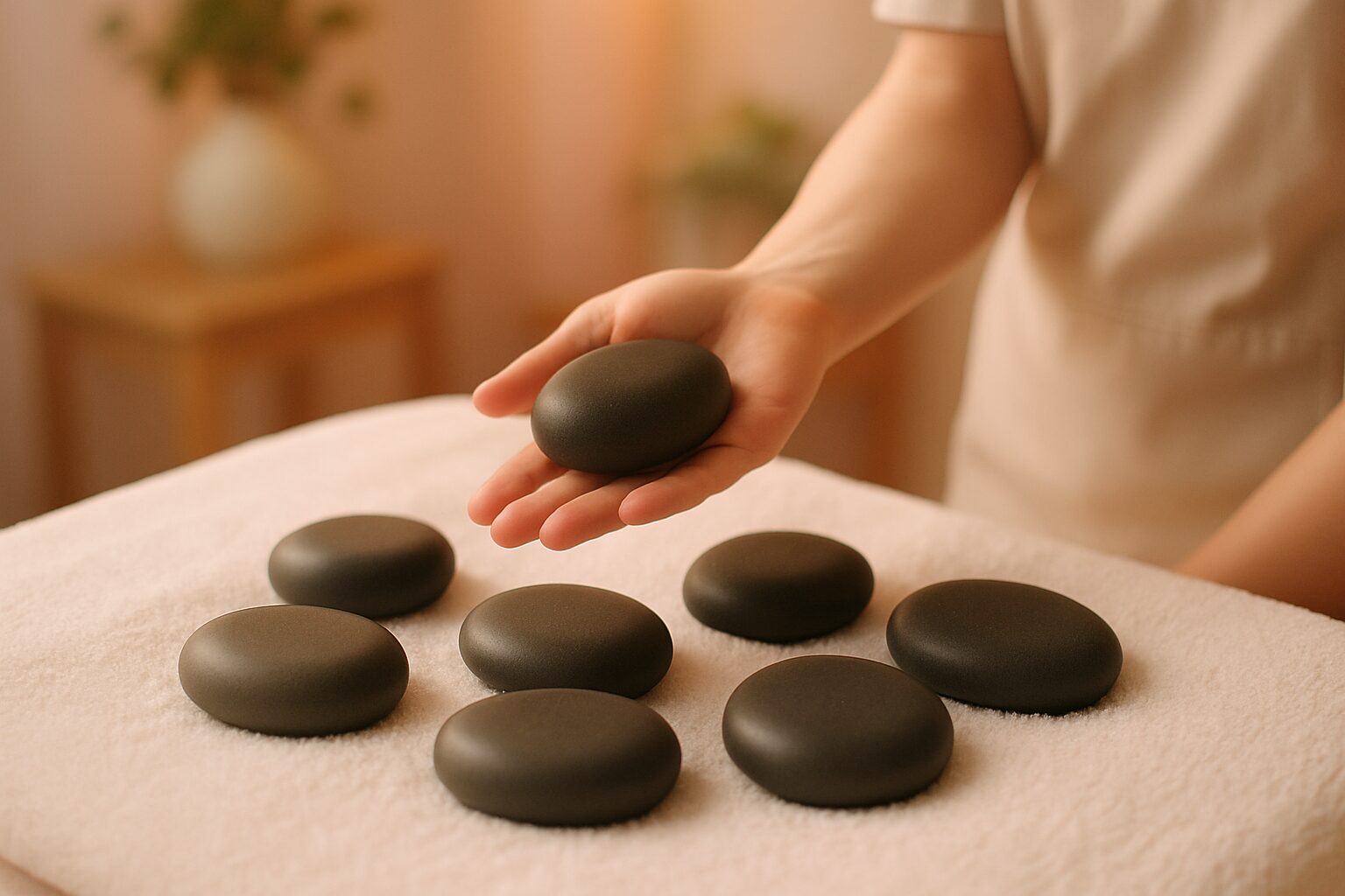 Dark basalt volcanic stones on a white towel, one resting in a therapist's palm in a softly lit treatment room