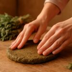 Hands shaping a flat mud-and-mugwort cake on a wooden surface with dried herb bundles in the background