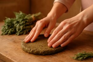 Hands shaping a flat mud-and-mugwort cake on a wooden surface with dried herb bundles in the background
