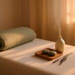 Soft bolster and smooth stones on a massage table in a warm treatment room