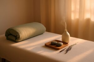 Soft bolster and smooth stones on a massage table in a warm treatment room
