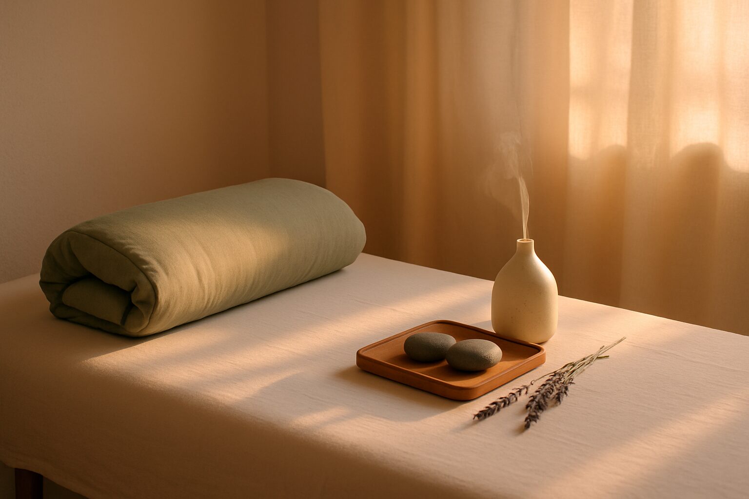 Soft bolster and smooth stones on a massage table in a warm treatment room