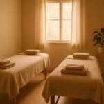 Two massage tables prepared side by side in a warm, softly lit treatment room