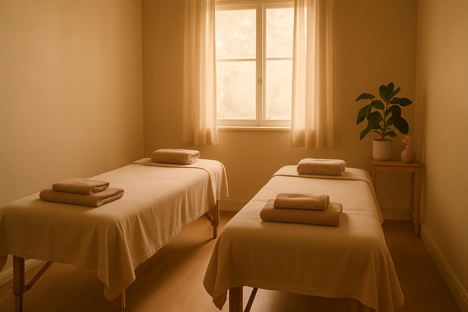 Two massage tables prepared side by side in a warm, softly lit treatment room