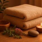 Client lying peacefully on a massage table during a relaxation massage session in a warm-lit treatment room