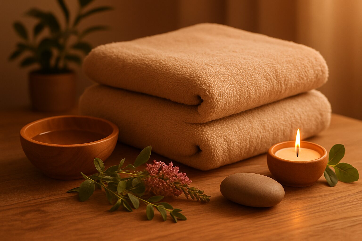 Client lying peacefully on a massage table during a relaxation massage session in a warm-lit treatment room