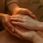 Warm hands gently holding a pair of cold pale hands in a caring gesture, warm amber light in a treatment room