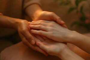 Warm hands gently holding a pair of cold pale hands in a caring gesture, warm amber light in a treatment room