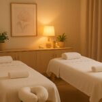 Two massage tables side by side in a warm-lit treatment room, ready for a couples massage session