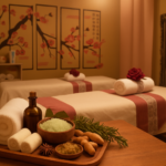 Two adults resting side by side on massage tables in a warm-lit treatment room during a couples session