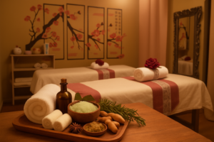 Two adults resting side by side on massage tables in a warm-lit treatment room during a couples session