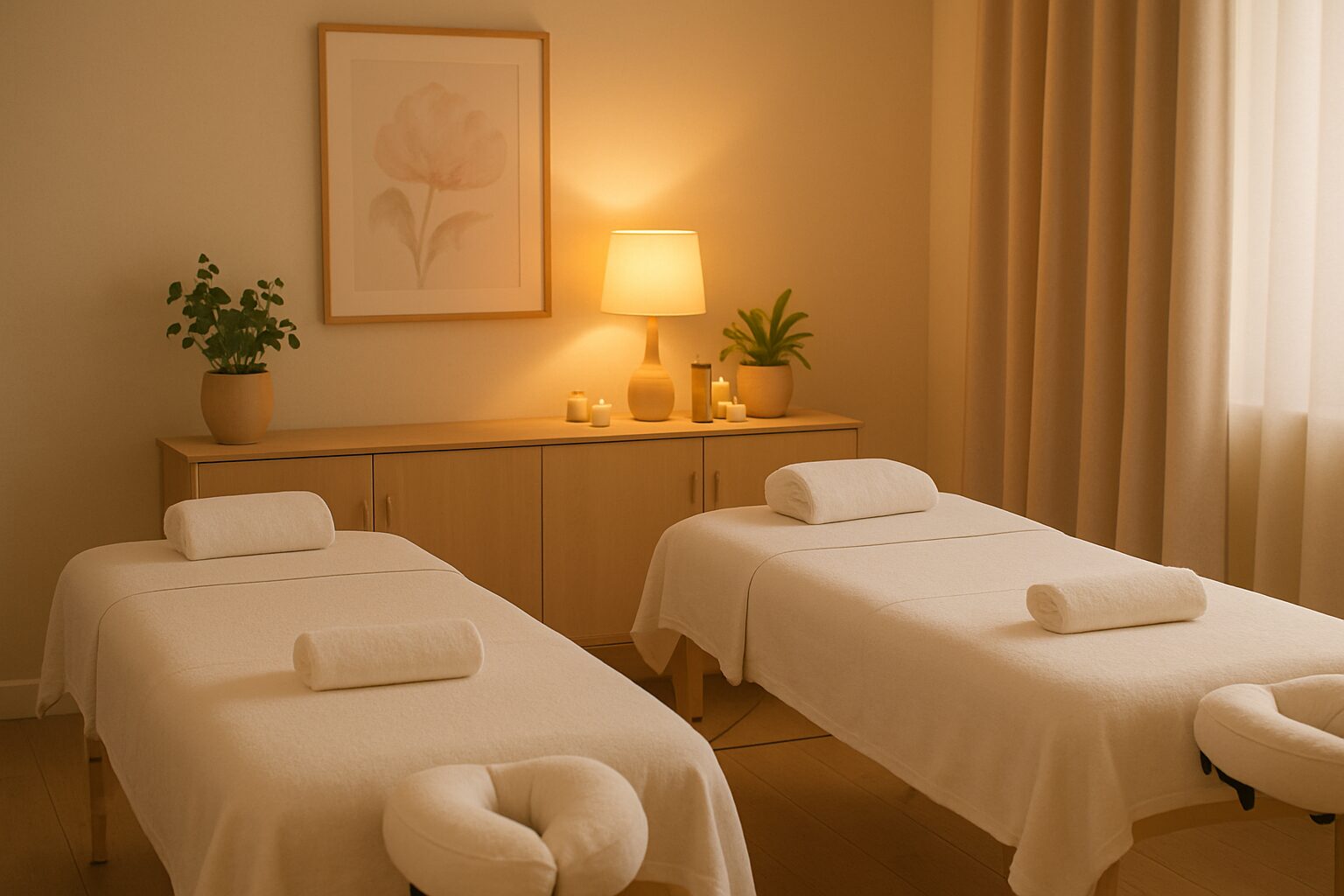 Two massage tables side by side in a warm-lit treatment room, ready for a couples massage session