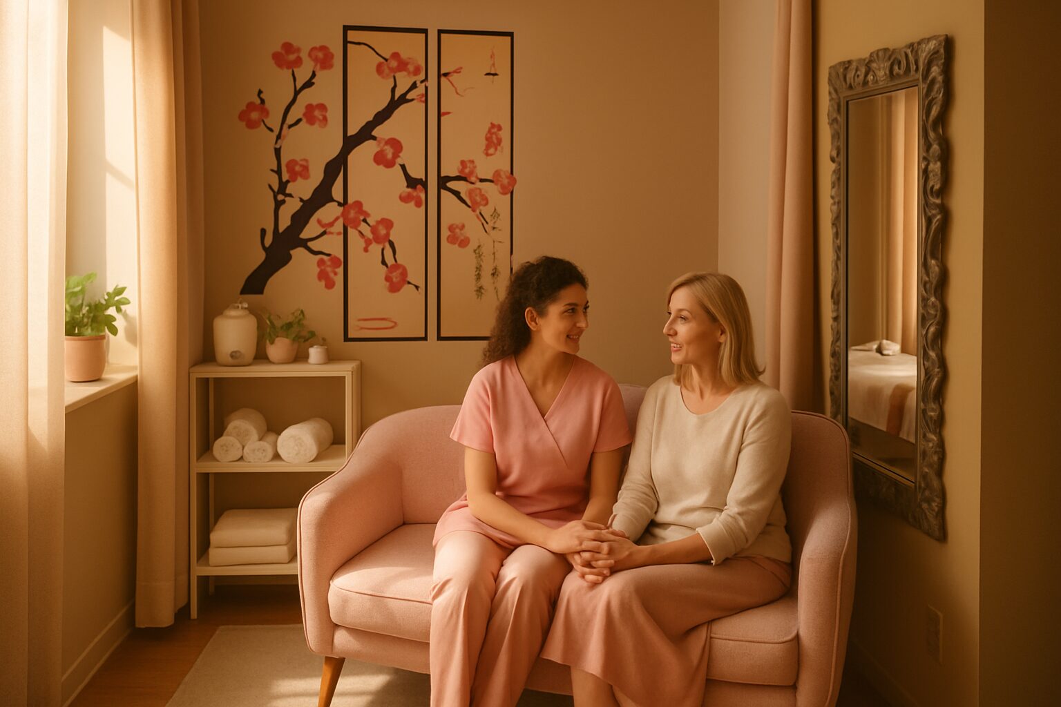 Couple seated together in the quiet front room of Chinese Massage - Tai Chi Tirana after their couples session