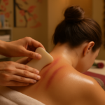 Gua sha treatment on the upper back and neck at Chinese Massage - Tai Chi Tirana, showing the characteristic sha marks from the scraping technique