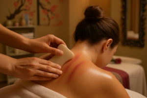 Gua sha treatment on the upper back and neck at Chinese Massage - Tai Chi Tirana, showing the characteristic sha marks from the scraping technique