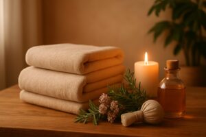 Therapist's hands resting with gentle medium pressure on a client's back during a relaxation massage in a warm-lit room