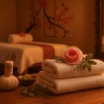 Two therapists working simultaneously on a client during a four-hands massage session in a warm-lit treatment room