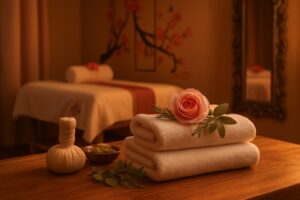 Two therapists working simultaneously on a client during a four-hands massage session in a warm-lit treatment room