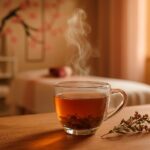 A cup of loose-leaf tea steaming on a wooden table beside dried mountain tea