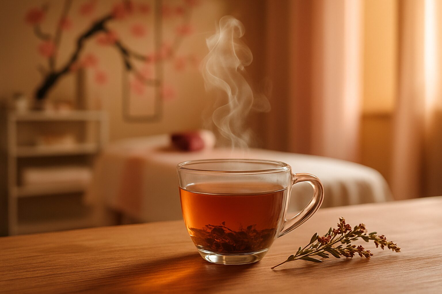A cup of loose-leaf tea steaming on a wooden table beside dried mountain tea