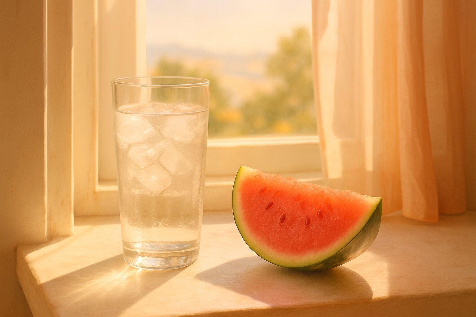 A glass of iced water and a slice of watermelon on a sunny windowsill