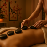 Smooth dark basalt stones placed on a client's lower back and hips during a volcanic stone therapy session in a warmly lit room