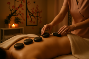 Smooth dark basalt stones placed on a client's lower back and hips during a volcanic stone therapy session in a warmly lit room