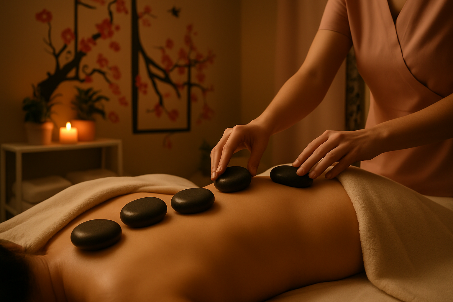 Smooth dark basalt stones placed on a client's lower back and hips during a volcanic stone therapy session in a warmly lit room