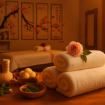 A client lying peacefully on a massage table during a relaxation session in a warm, softly lit treatment room