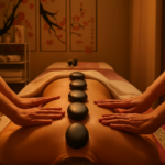 Two therapists working in symmetry on a client's back in a richly lit treatment room evoking the historical lineage of four-hands massage