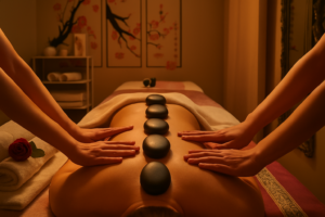 Two therapists working in symmetry on a client's back in a richly lit treatment room evoking the historical lineage of four-hands massage