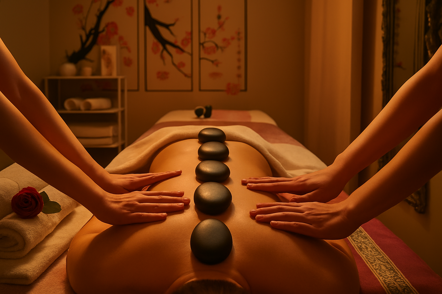 Two therapists working in symmetry on a client's back in a richly lit treatment room evoking the historical lineage of four-hands massage