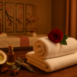 Two adults lying side by side on massage tables in a peaceful room, a sense of quiet companionship after years together