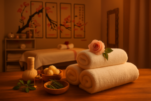 A client lying peacefully on a massage table during a relaxation session in a warm, softly lit treatment room