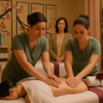 Two therapists training together in synchronised massage technique in a professional treatment room
