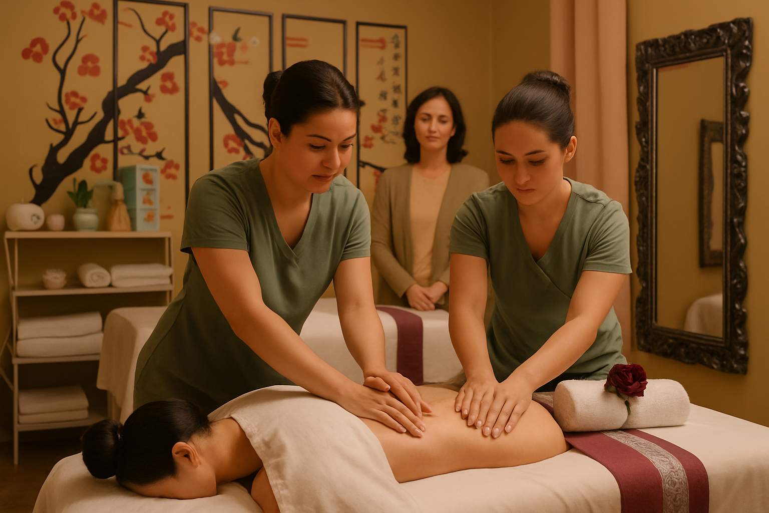 Two therapists training together in synchronised massage technique in a professional treatment room