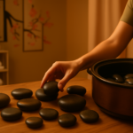 A collection of smooth dark basalt stones of varying sizes arranged near a heating unit, ready for a volcanic stone therapy session
