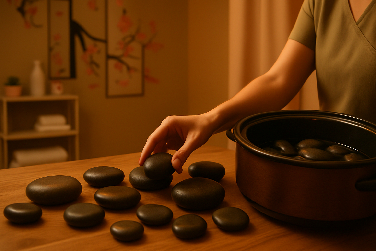 A collection of smooth dark basalt stones of varying sizes arranged near a heating unit, ready for a volcanic stone therapy session